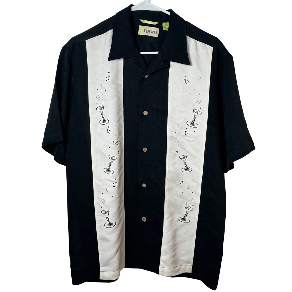 Cubavera Button Up Shirt Mens M Black Cocktail Martini Music Notes Panel Retro - Picture 4 of 6